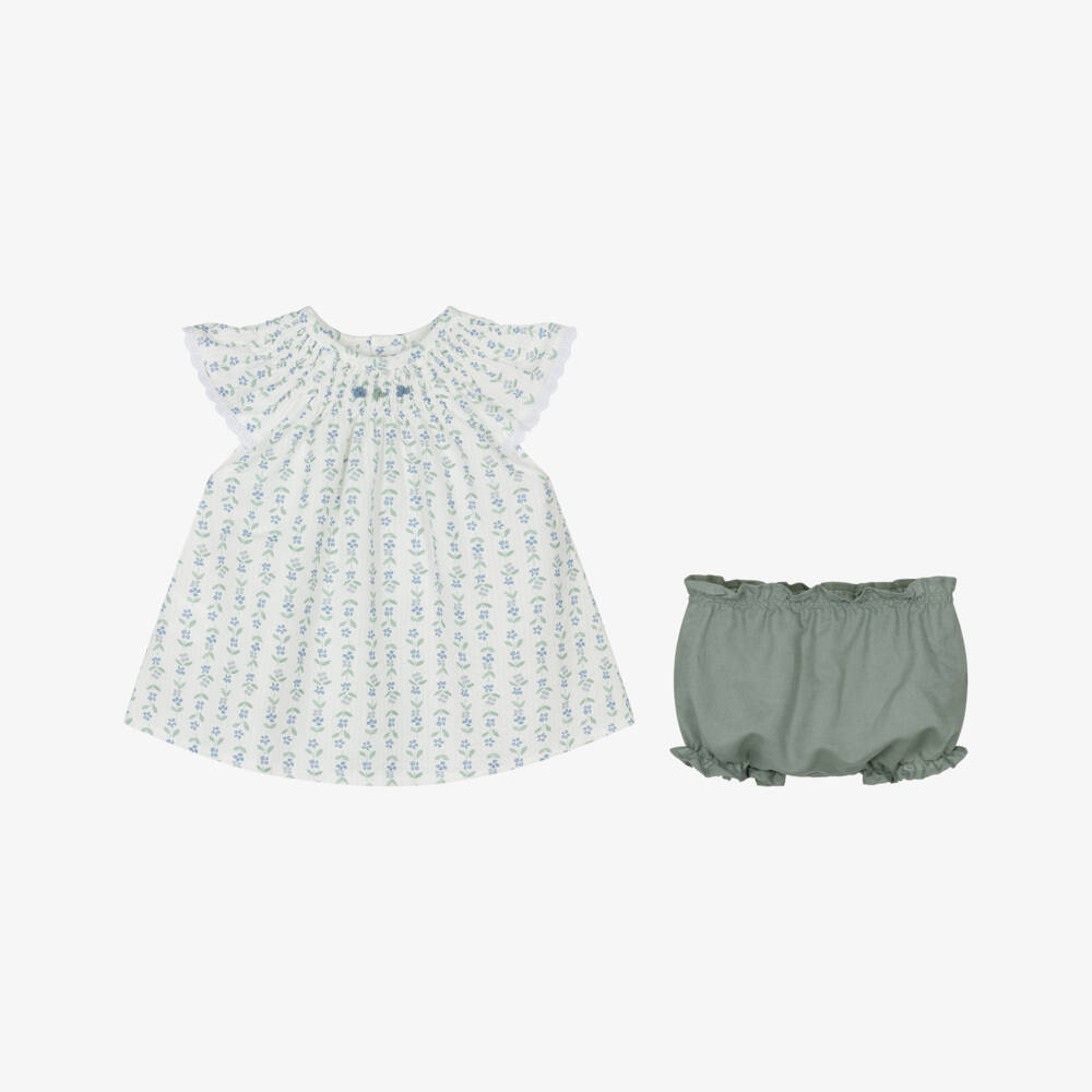 Mebi-Girls Ivory Cotton Dress Set with Blue & Green Floral Print | Childrensalon Outlet