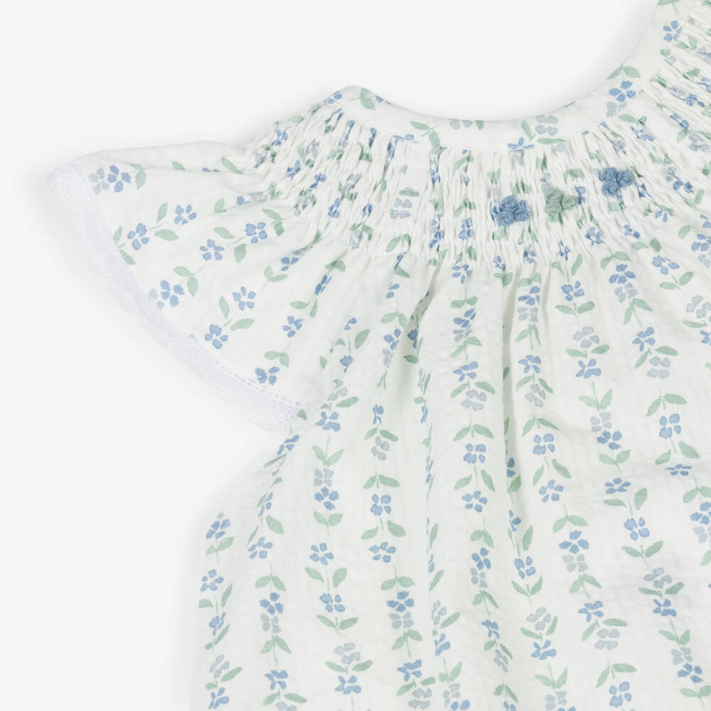 Mebi-Girls Ivory Cotton Dress Set with Blue & Green Floral Print | Childrensalon Outlet