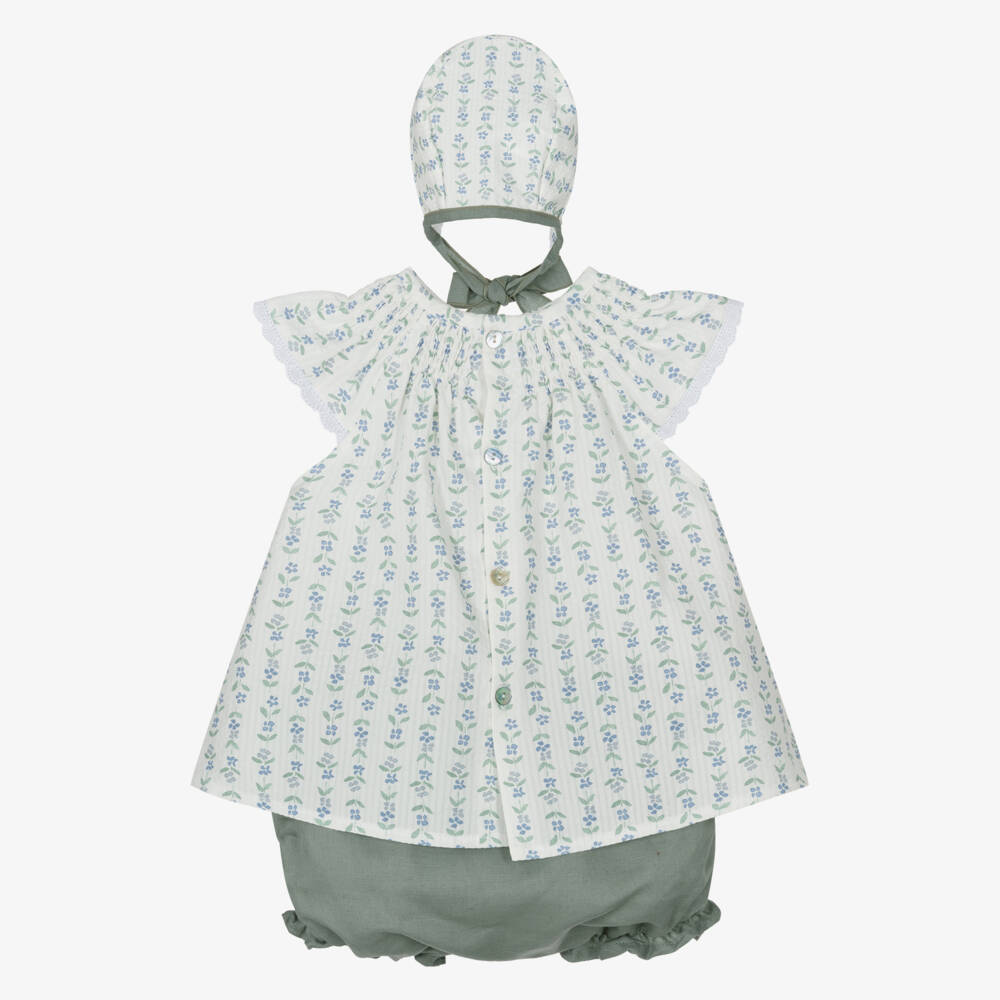 Mebi-Girls Ivory Cotton Dress Set with Blue & Green Floral Print | Childrensalon Outlet