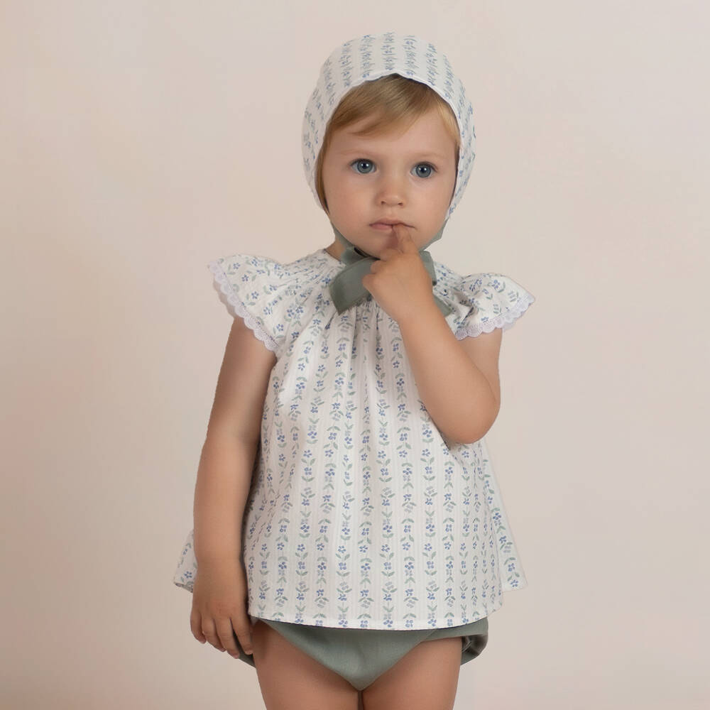 Mebi-Girls Ivory Cotton Dress Set with Blue & Green Floral Print | Childrensalon Outlet