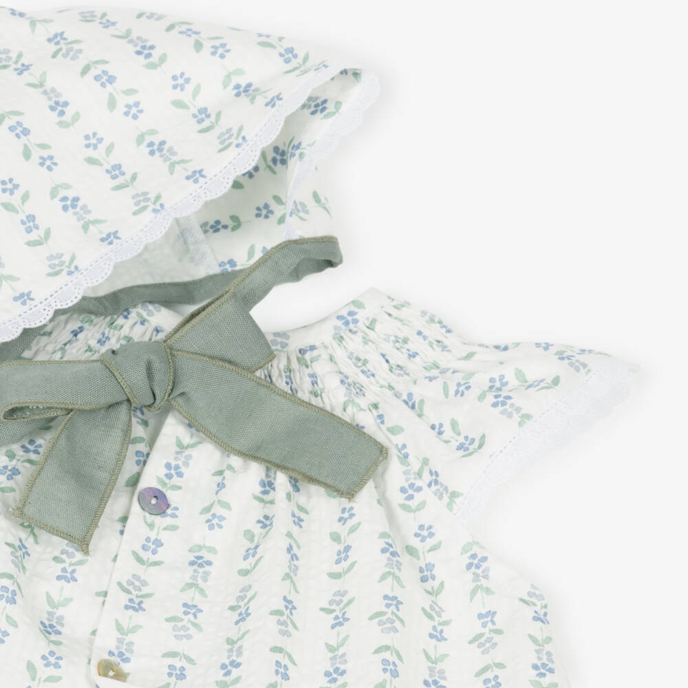 Mebi-Girls Ivory Cotton Dress Set with Blue & Green Floral Print | Childrensalon Outlet