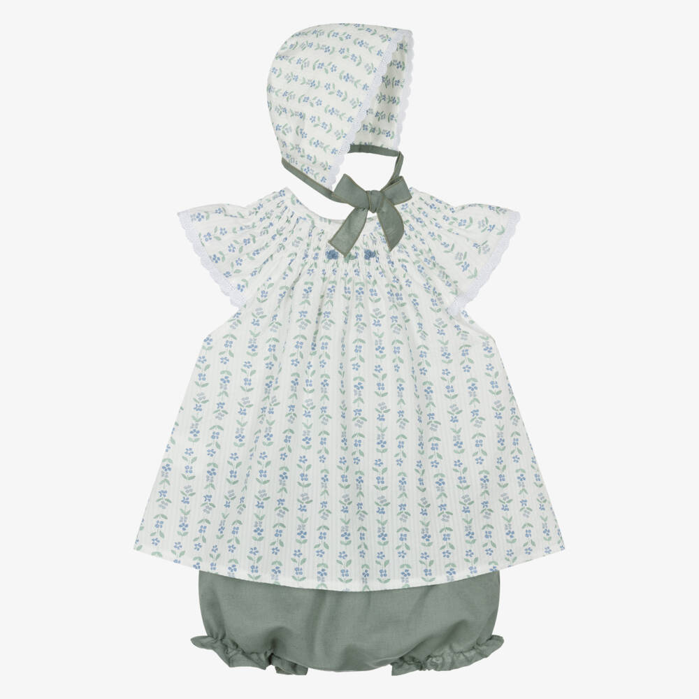 Mebi-Girls Ivory Cotton Dress Set with Blue & Green Floral Print | Childrensalon Outlet