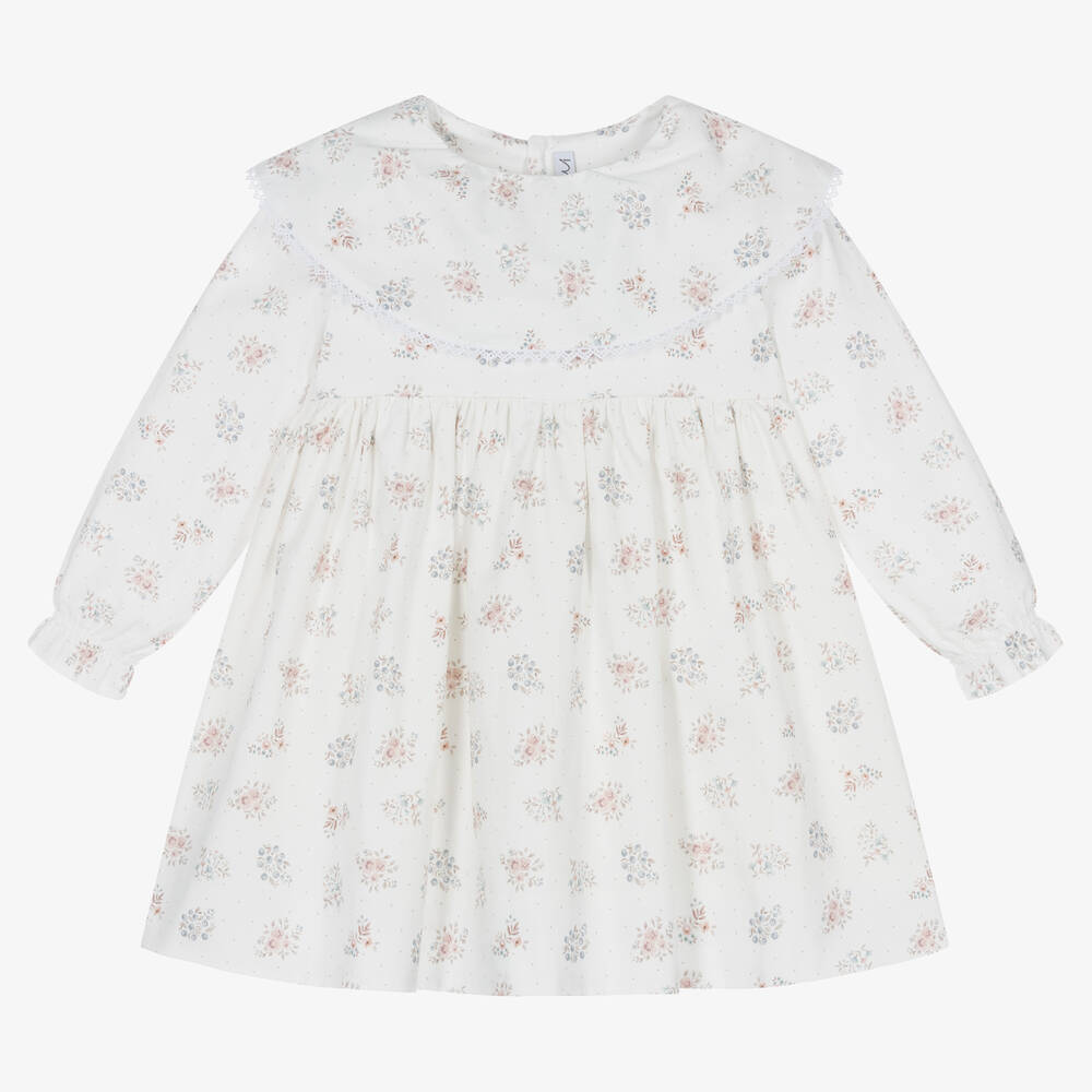 Mebi-Girls Ivory Cotton Floral Dress | Childrensalon Outlet