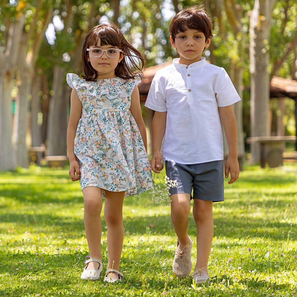 Mebi-Girls Ivory Cotton Floral Dress | Childrensalon Outlet