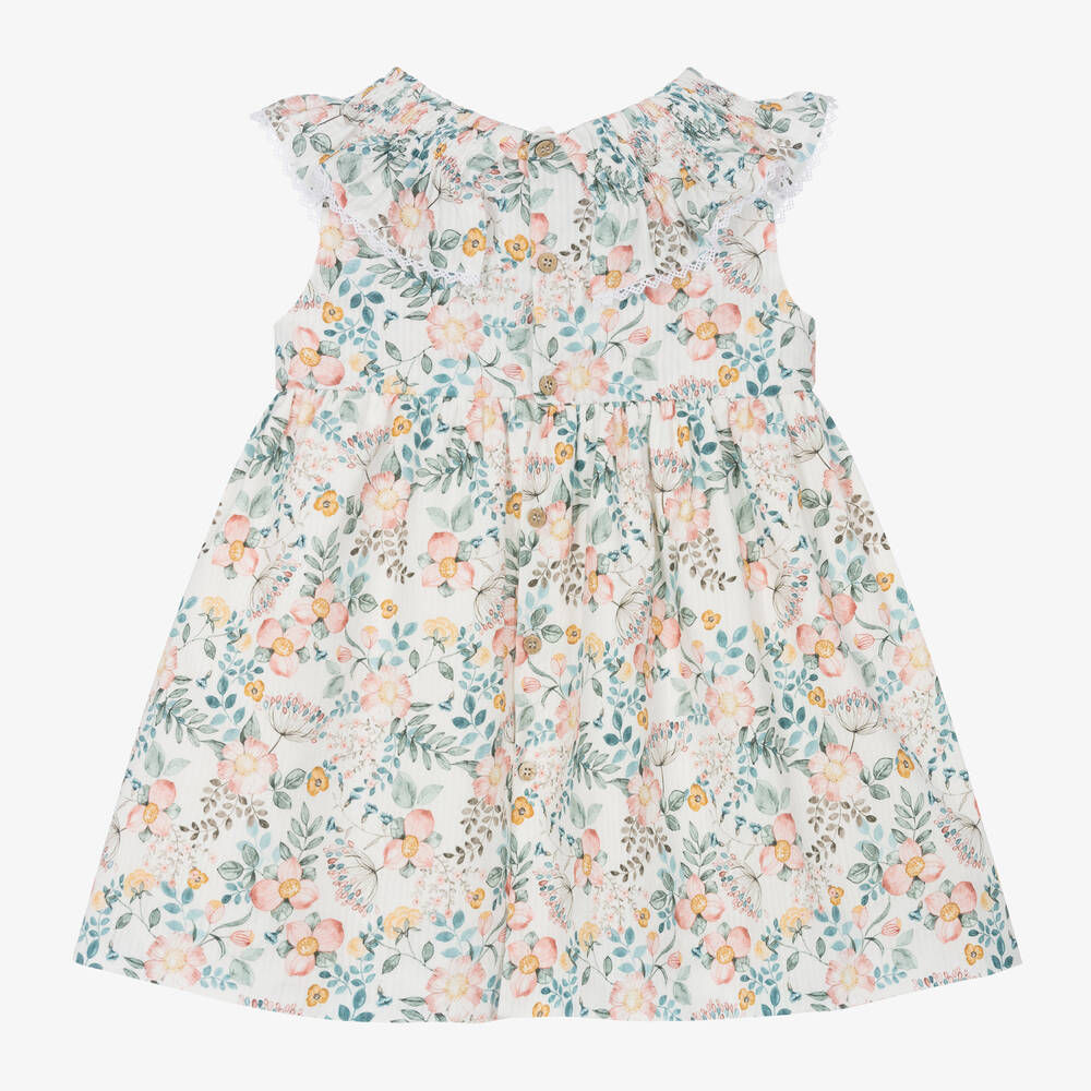 Mebi-Girls Ivory Cotton Floral Dress | Childrensalon Outlet