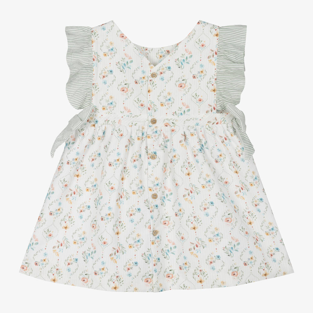 Mebi-Girls Ivory Cotton Floral Dress | Childrensalon Outlet