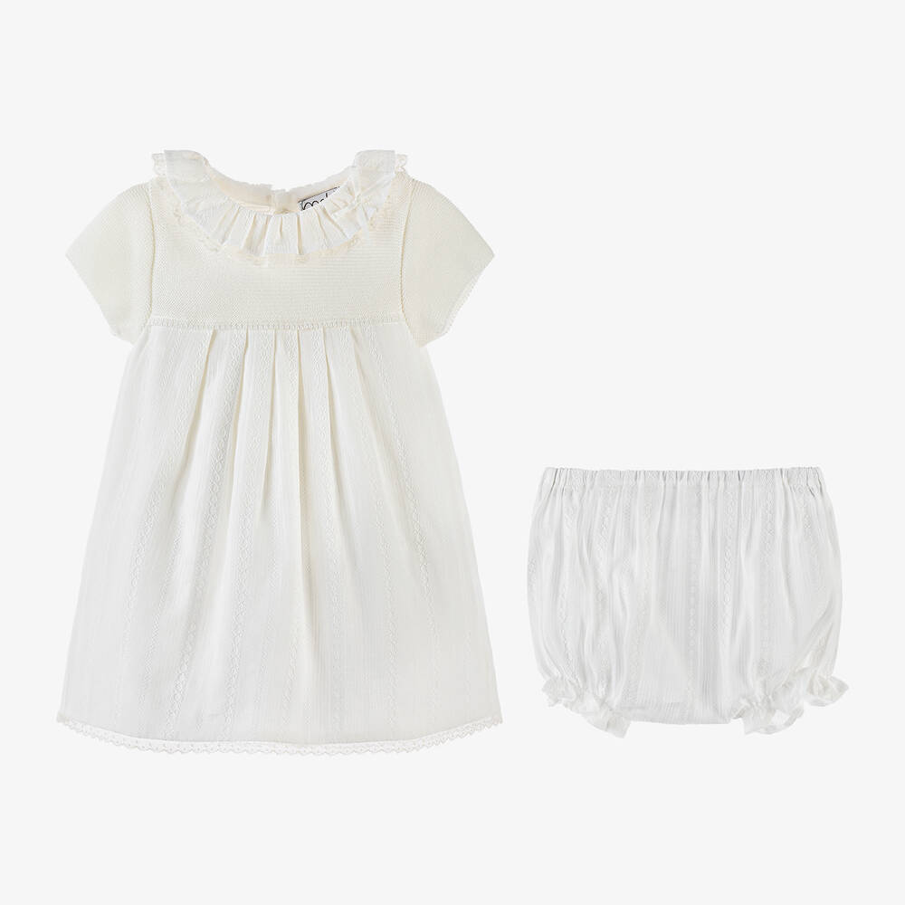 Mebi-فستان أطفال بناتي بياقة كشكش قطن لون عاجي | Childrensalon Outlet