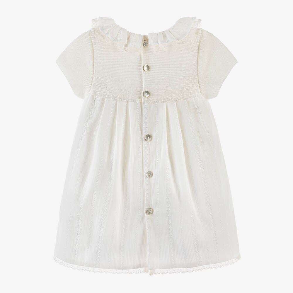 Mebi-فستان أطفال بناتي بياقة كشكش قطن لون عاجي | Childrensalon Outlet