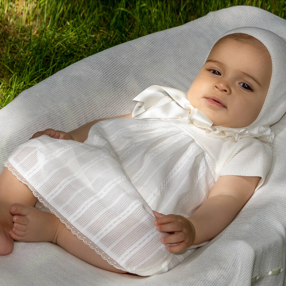 Mebi-فستان أطفال بناتي بياقة كشكش قطن لون عاجي | Childrensalon Outlet