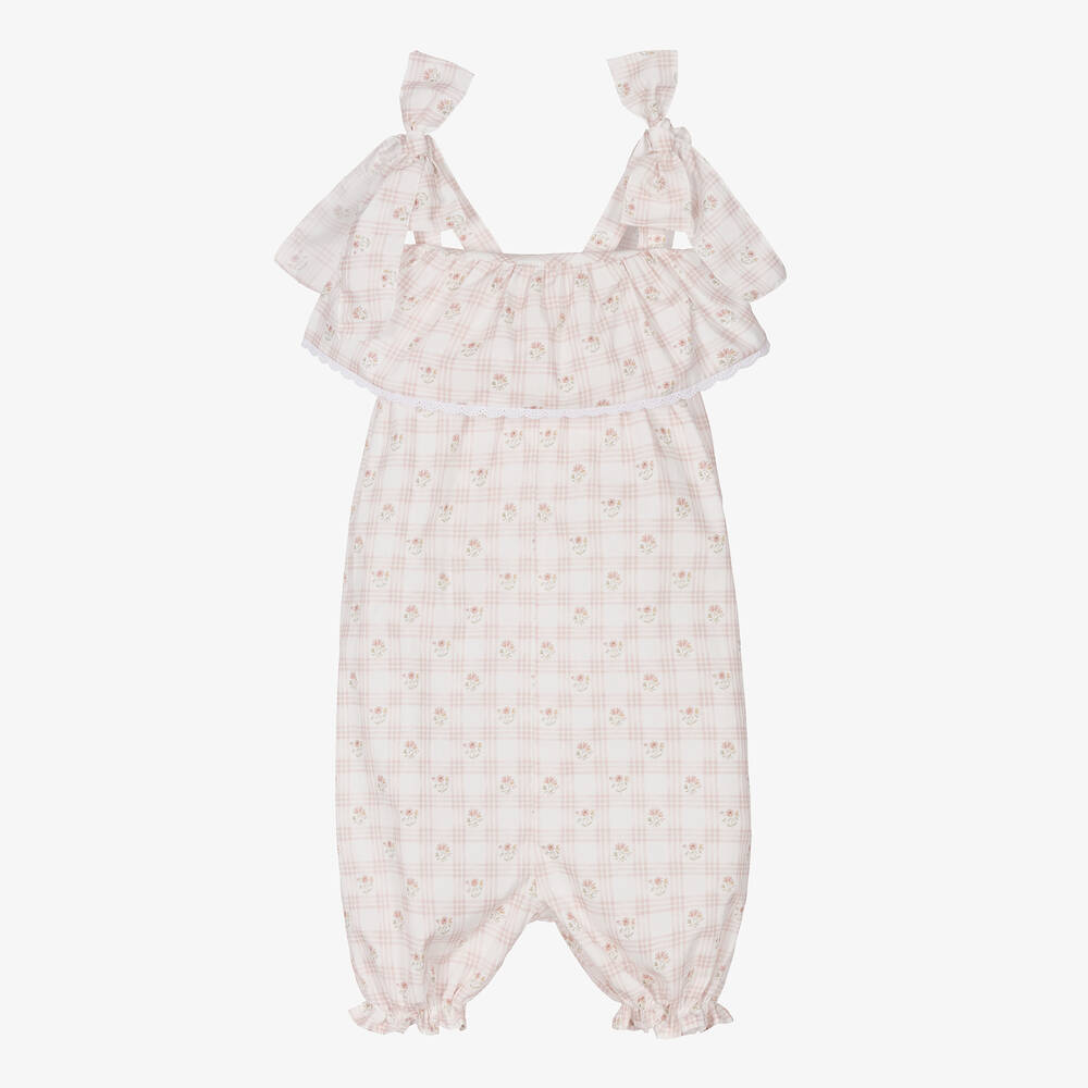 Mebi - Girls Ivory Floral Check Playsuit | Childrensalon