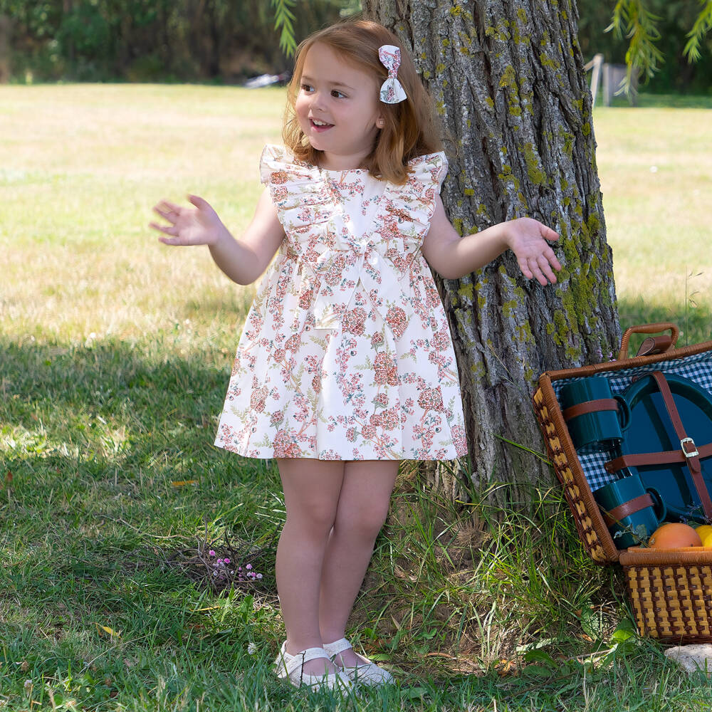 Mebi-Girls Ivory Floral Cotton Dress | Childrensalon Outlet