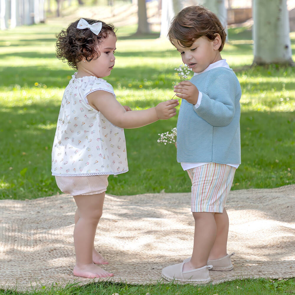 Mebi-Girls Ivory Floral Cotton Shorts Set | Childrensalon Outlet