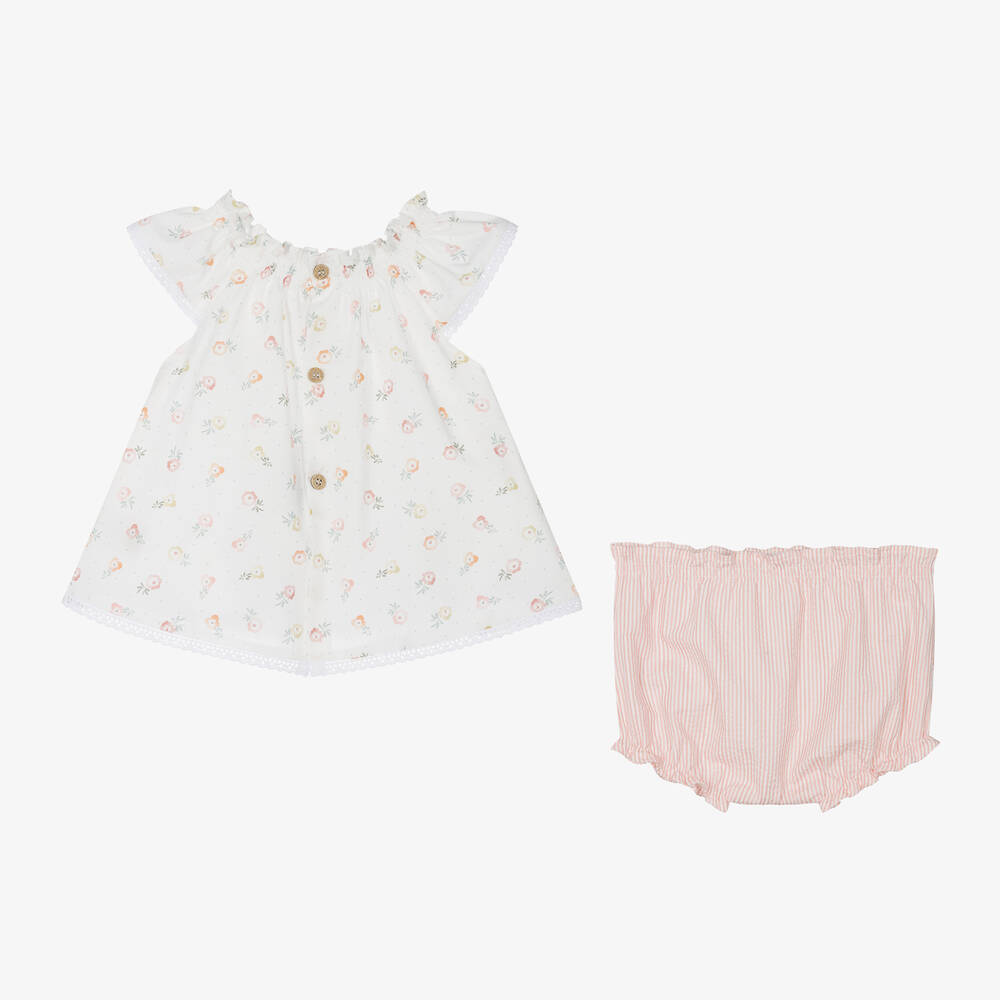 Mebi-Girls Ivory Floral Cotton Shorts Set | Childrensalon Outlet