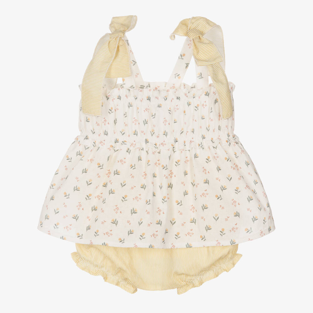 Mebi-Girls Ivory Floral & Yellow Striped Cotton Shorts Set | Childrensalon Outlet