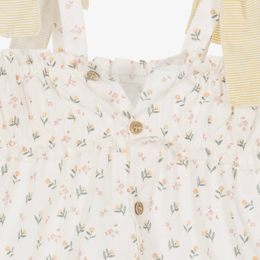 Mebi-Girls Ivory Floral & Yellow Striped Cotton Shorts Set | Childrensalon Outlet