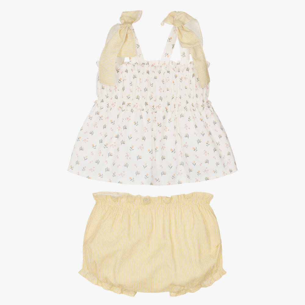 Mebi-Girls Ivory Floral & Yellow Striped Cotton Shorts Set | Childrensalon Outlet