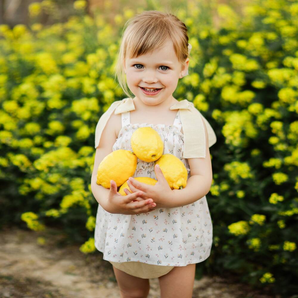 Mebi-Girls Ivory Floral & Yellow Striped Cotton Shorts Set | Childrensalon Outlet