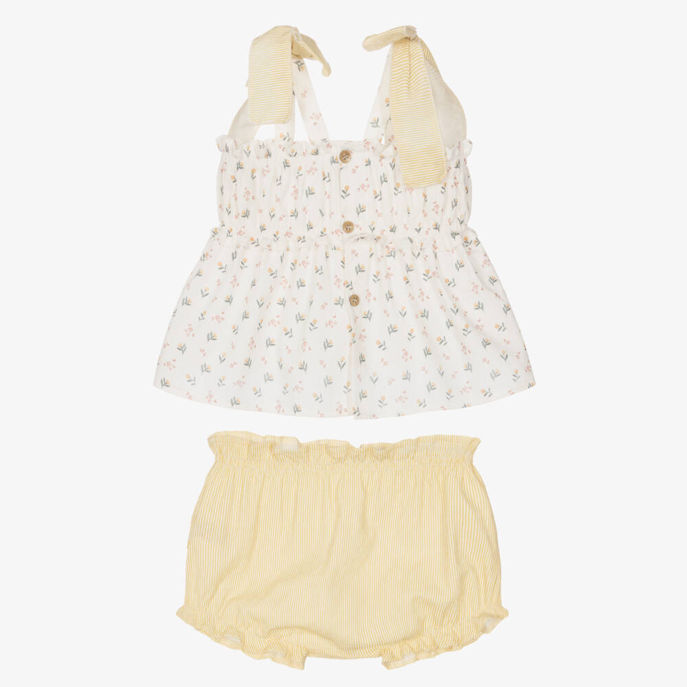 Mebi-Girls Ivory Floral & Yellow Striped Cotton Shorts Set | Childrensalon Outlet