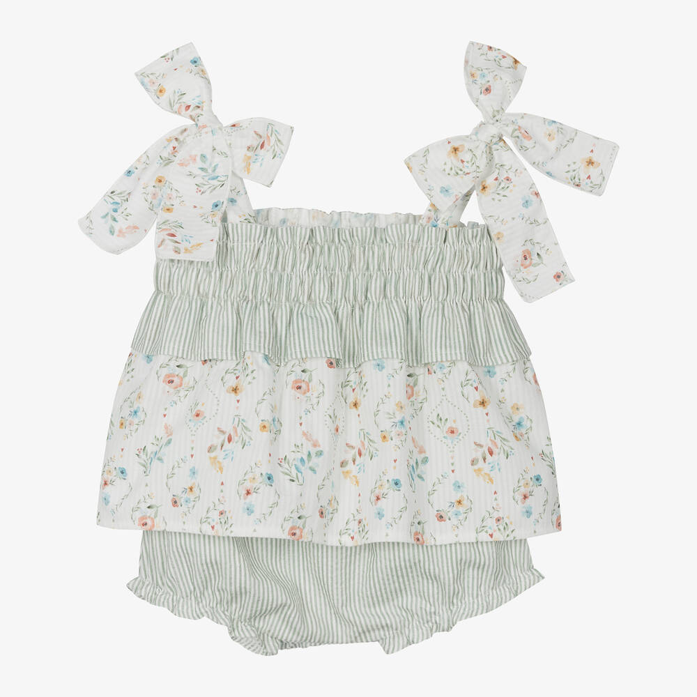Mebi-Girls Ivory & Green Cotton Shorts Set | Childrensalon Outlet