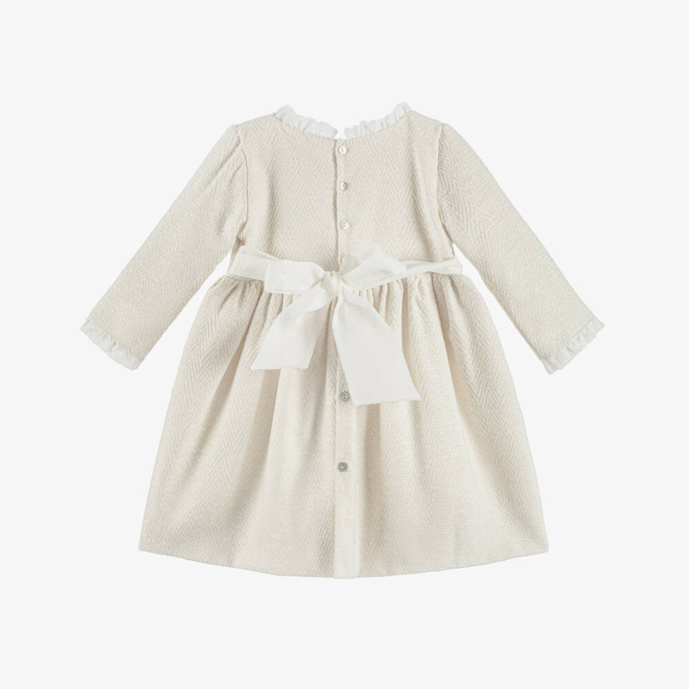 Mebi-Girls Ivory Jacquard Bow Detail Dress | Childrensalon Outlet