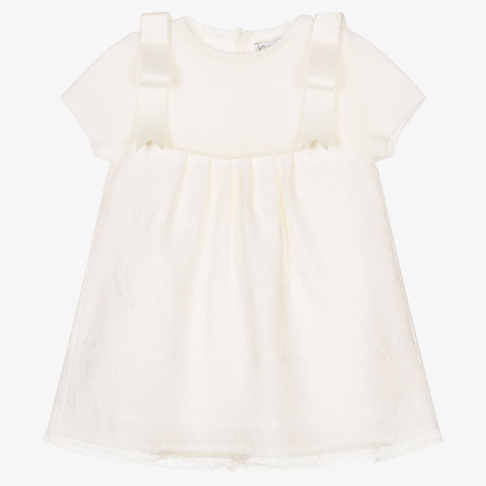 Mebi - Girls Ivory Knit Cotton Dress  | Childrensalon