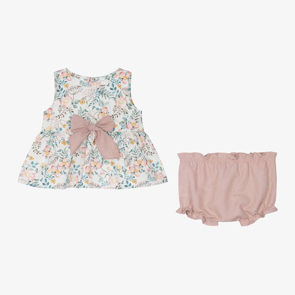 ميبي-طقم شورت أطفال بناتي قطن لون عاجي وزهري | Childrensalon Outlet
