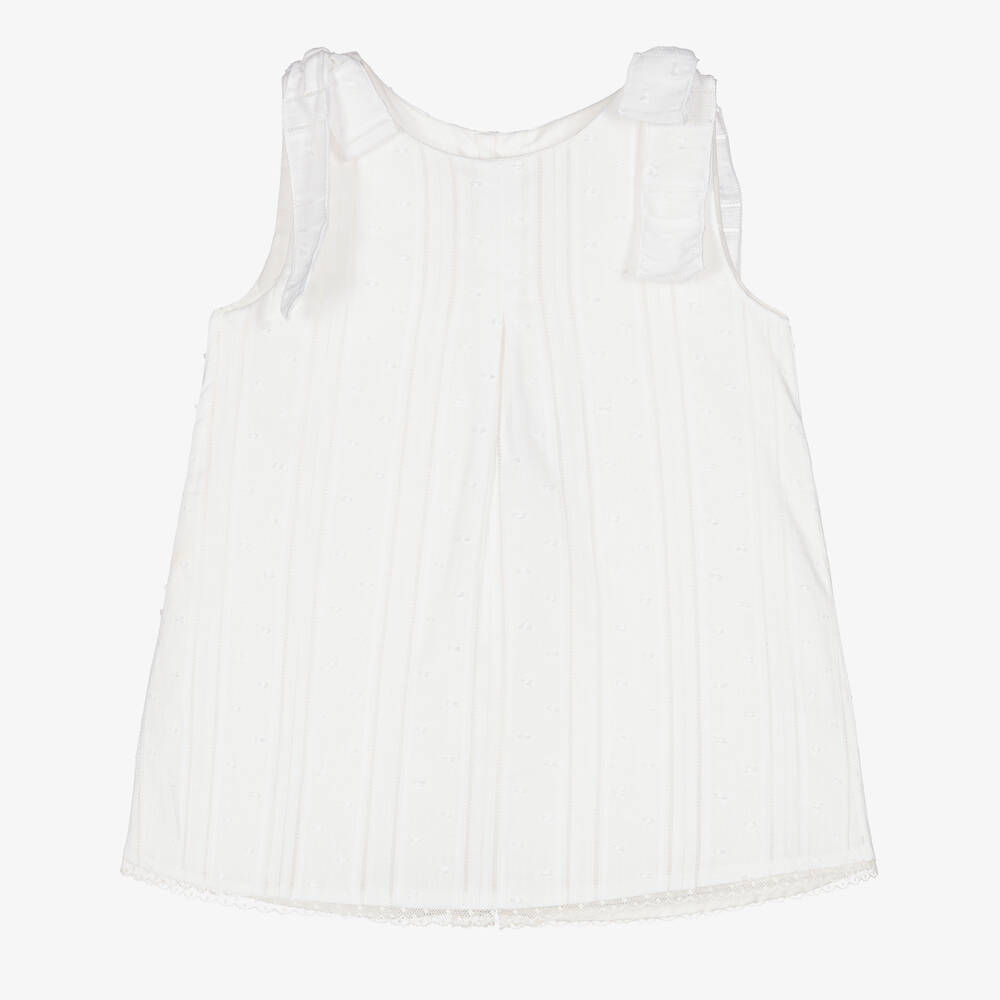 Mebi - Girls Ivory Plumeti Cotton Bow Dress | Childrensalon