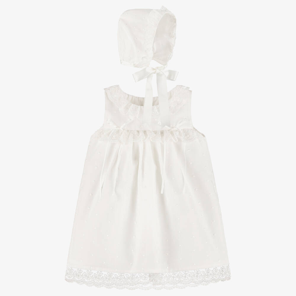 Mebi-Girls Ivory Plumeti Cotton & Lace Dress Set | Childrensalon Outlet