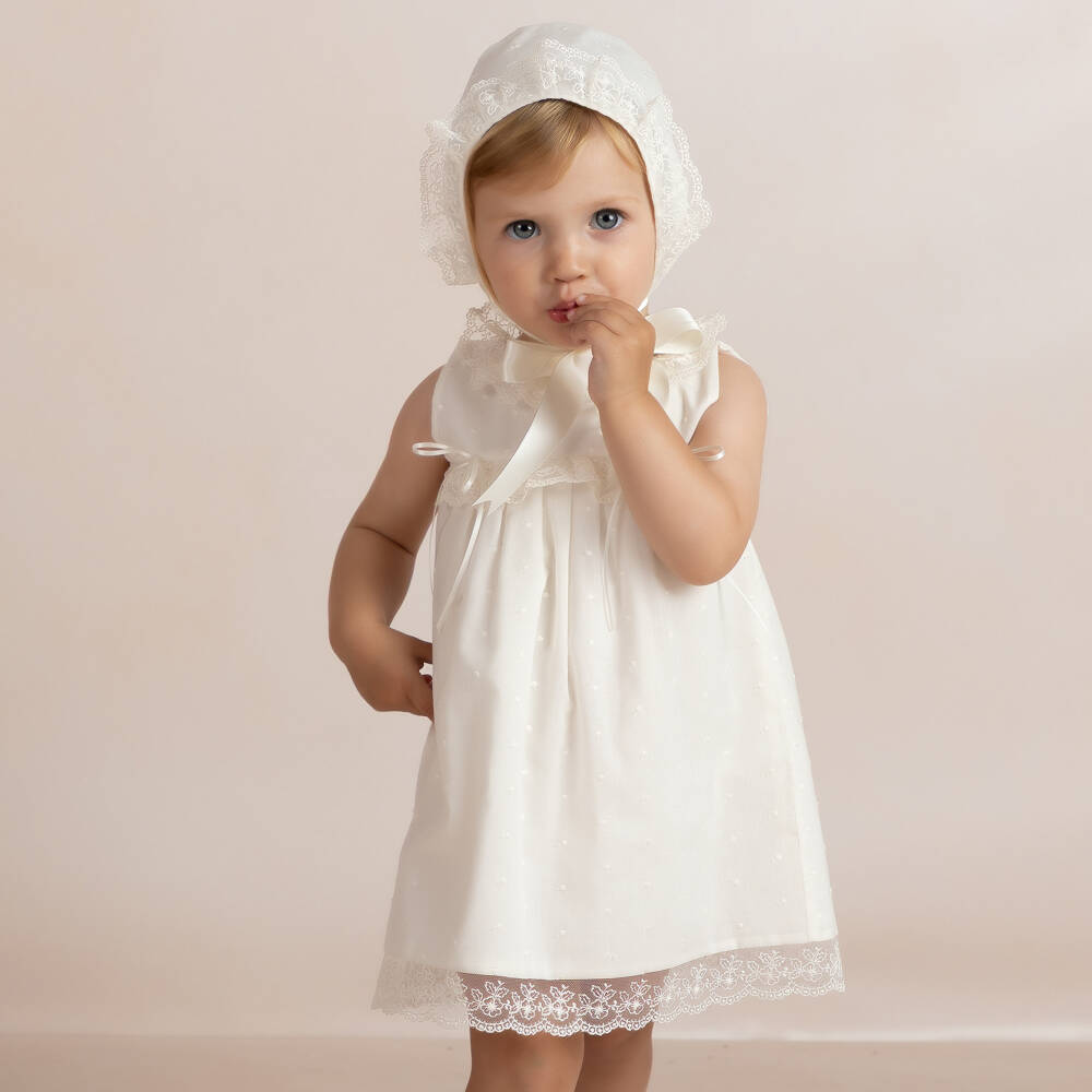 Mebi-Girls Ivory Plumeti Cotton & Lace Dress Set | Childrensalon Outlet