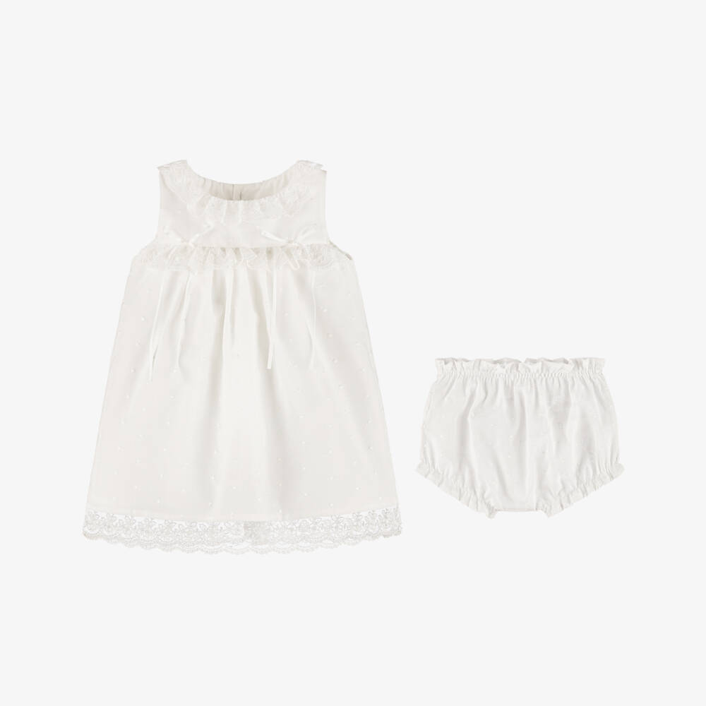 Mebi-Girls Ivory Plumeti Cotton & Lace Dress Set | Childrensalon Outlet