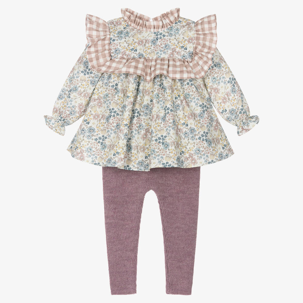Mebi - Кремовая блузка в цветочек и фиолетовые легинсы | Childrensalon