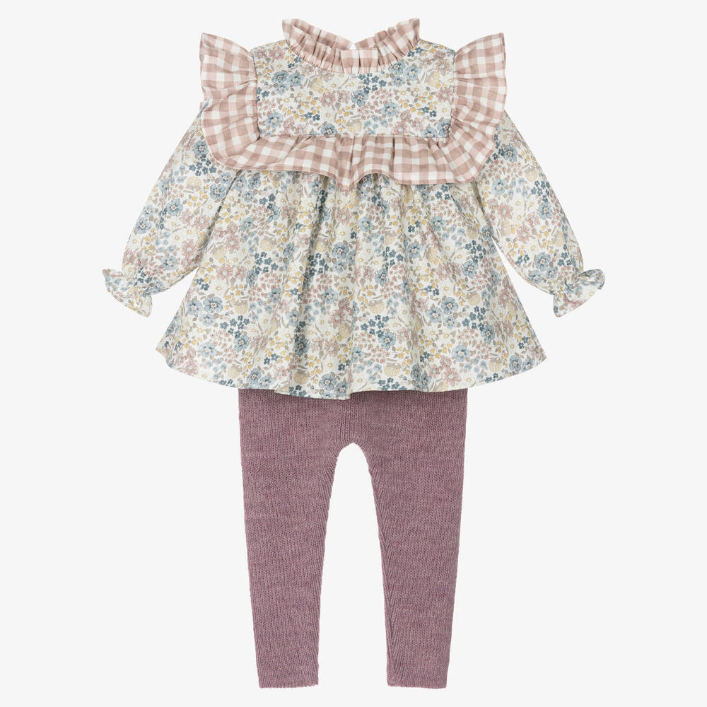 Mebi-Girls Ivory & Purple Floral Leggings Set | Childrensalon Outlet
