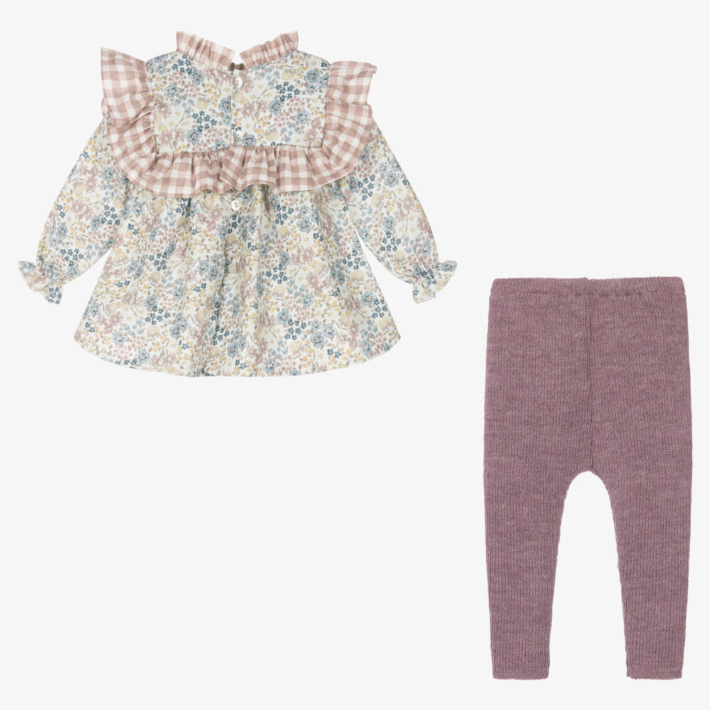 Mebi-Кремовая блузка в цветочек и фиолетовые легинсы | Childrensalon Outlet