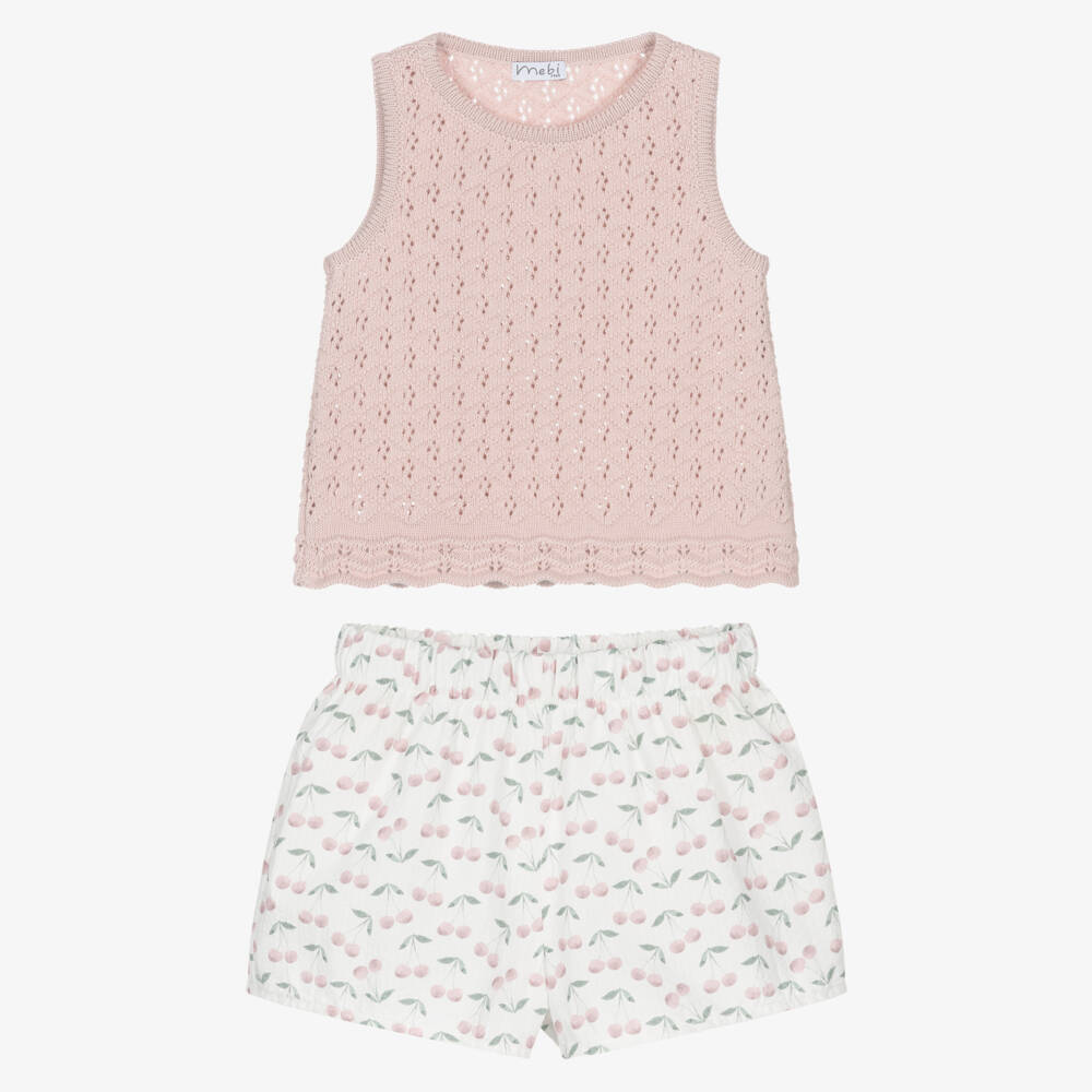 Mebi-Girls Pink Cotton & Cherry Print Shorts Set | Childrensalon Outlet