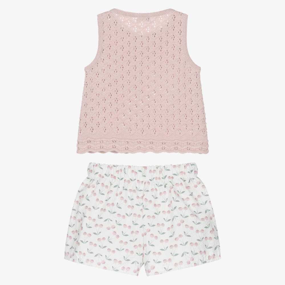 Mebi-Girls Pink Cotton & Cherry Print Shorts Set | Childrensalon Outlet