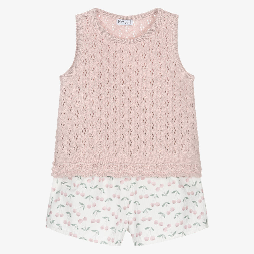 Mebi-Girls Pink Cotton & Cherry Print Shorts Set | Childrensalon Outlet