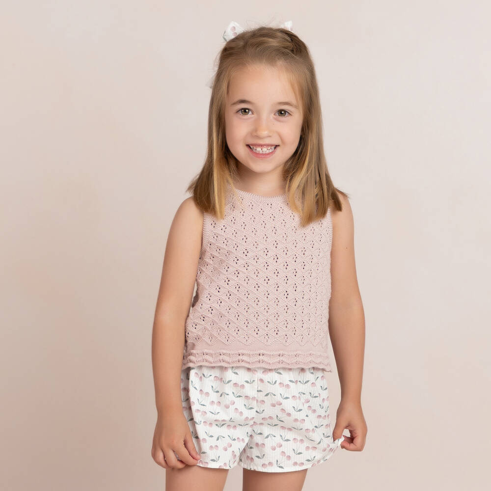 Mebi-Girls Pink Cotton & Cherry Print Shorts Set | Childrensalon Outlet