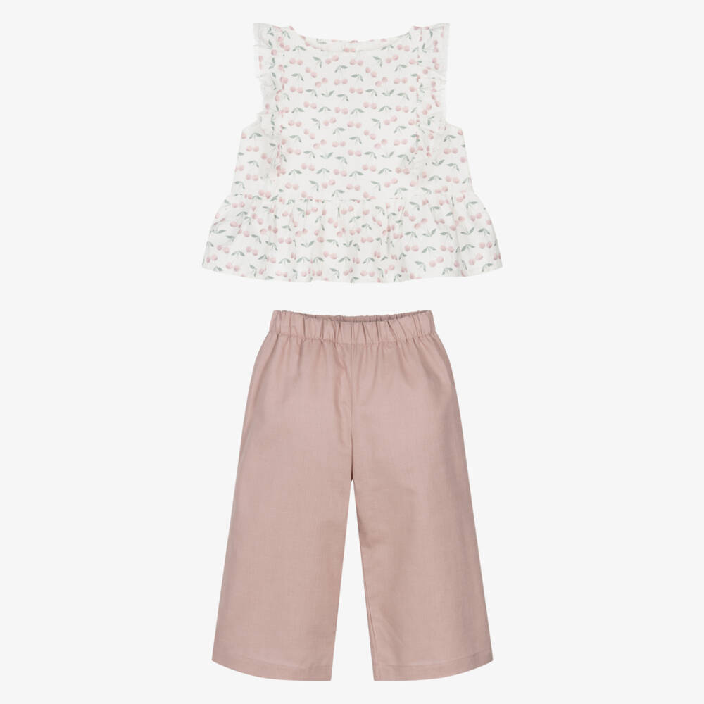 Mebi-Girls Pink Cotton & Linen Cherry Print Trouser Set | Childrensalon Outlet