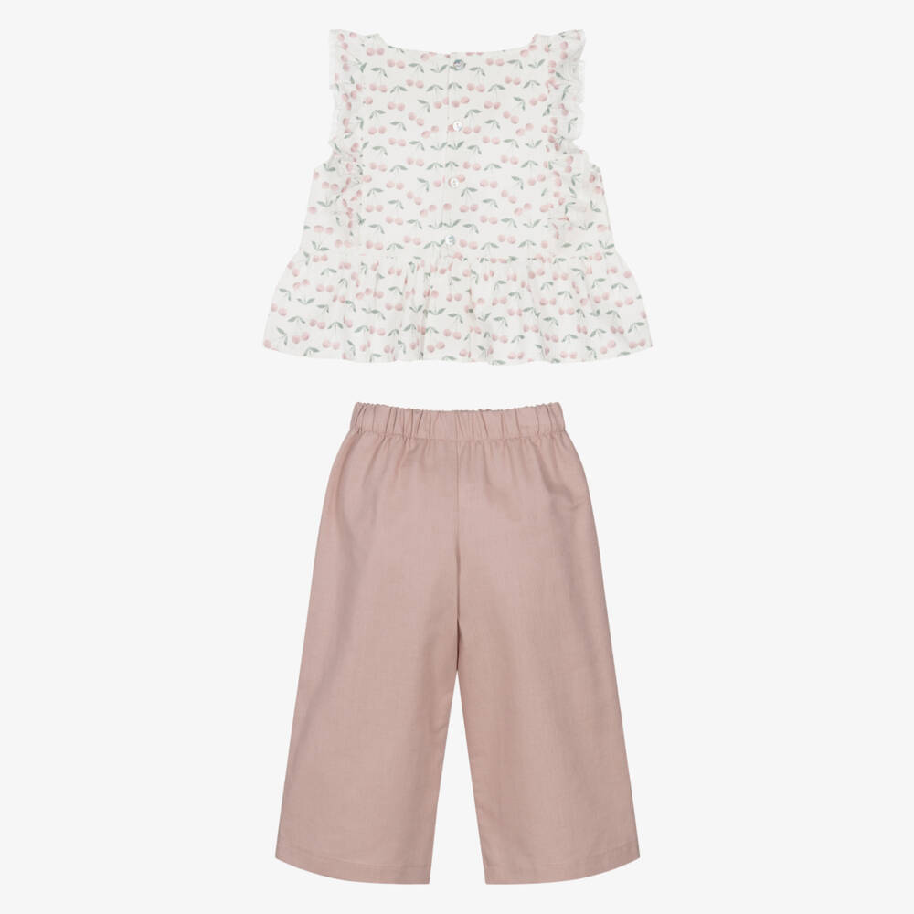 Mebi-Girls Pink Cotton & Linen Cherry Print Trouser Set | Childrensalon Outlet