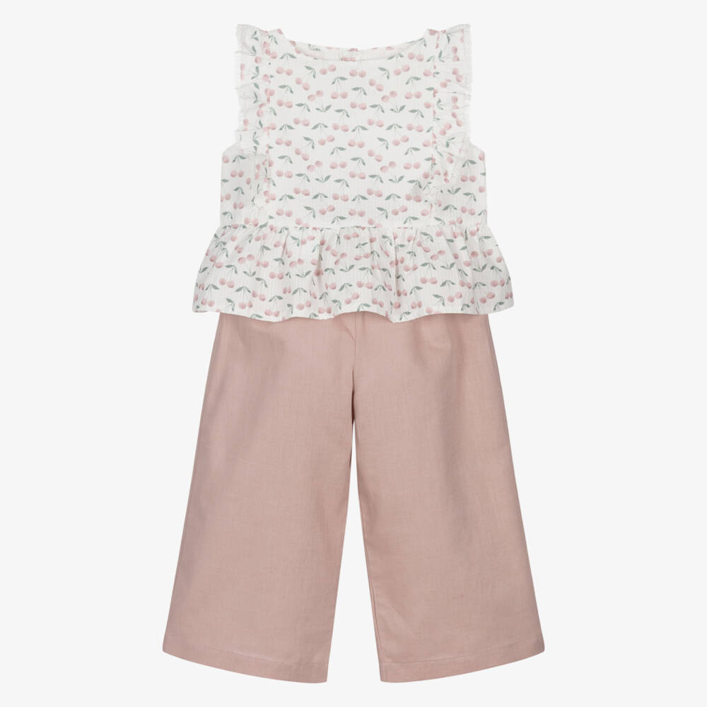 Mebi-Girls Pink Cotton & Linen Cherry Print Trouser Set | Childrensalon Outlet