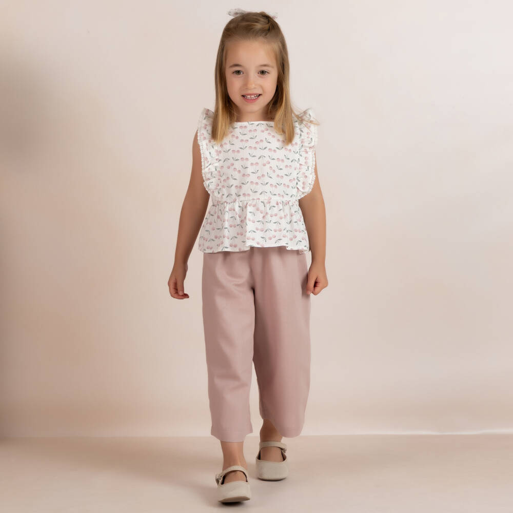 Mebi-Girls Pink Cotton & Linen Cherry Print Trouser Set | Childrensalon Outlet