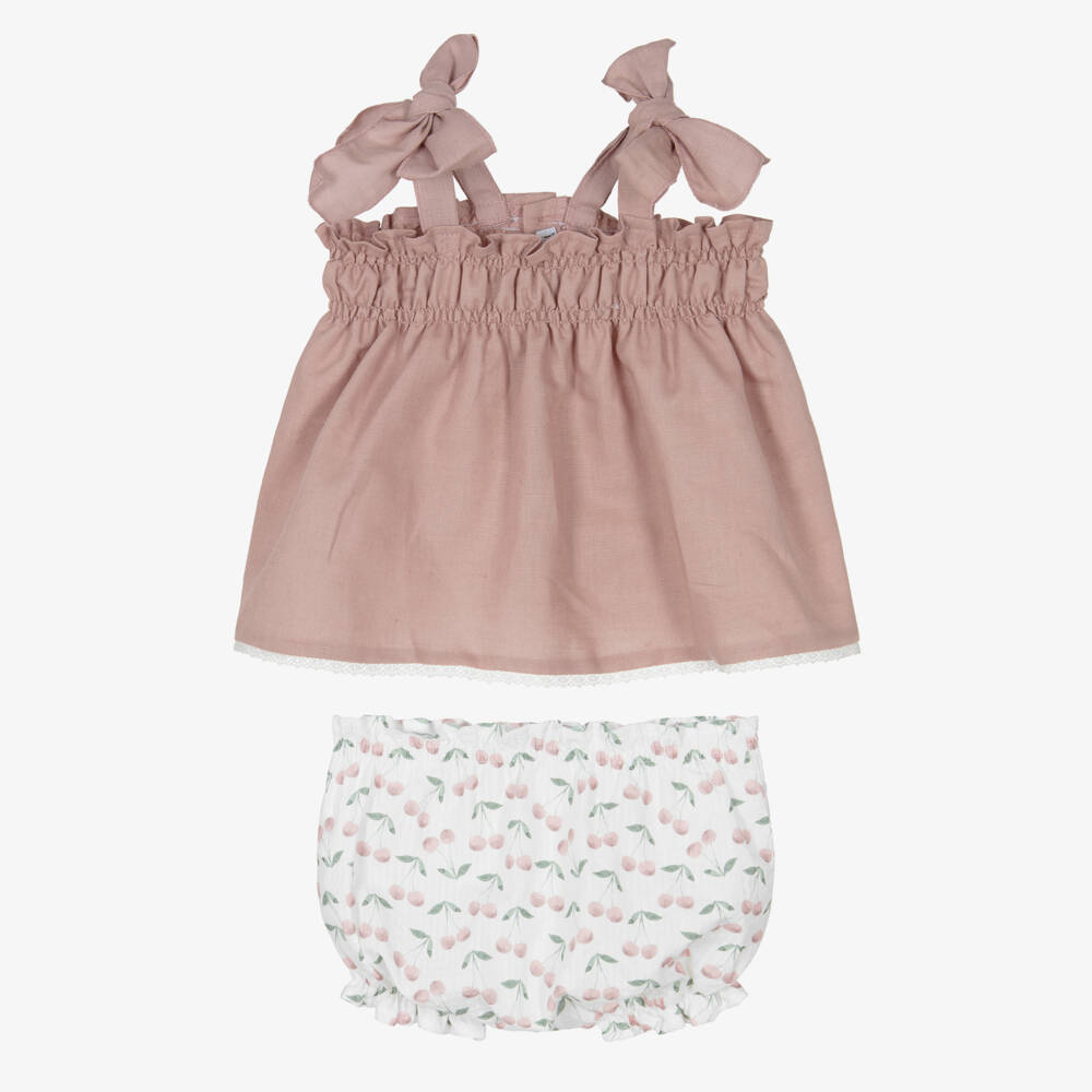 Mebi-Girls Pink Cotton & Linen Shorts Set with Cherry Print | Childrensalon Outlet