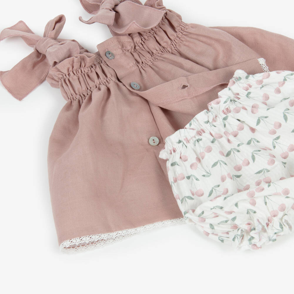 Mebi-Girls Pink Cotton & Linen Shorts Set with Cherry Print | Childrensalon Outlet