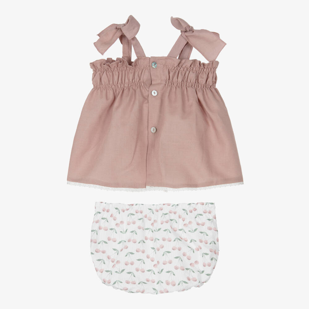 Mebi-Girls Pink Cotton & Linen Shorts Set with Cherry Print | Childrensalon Outlet