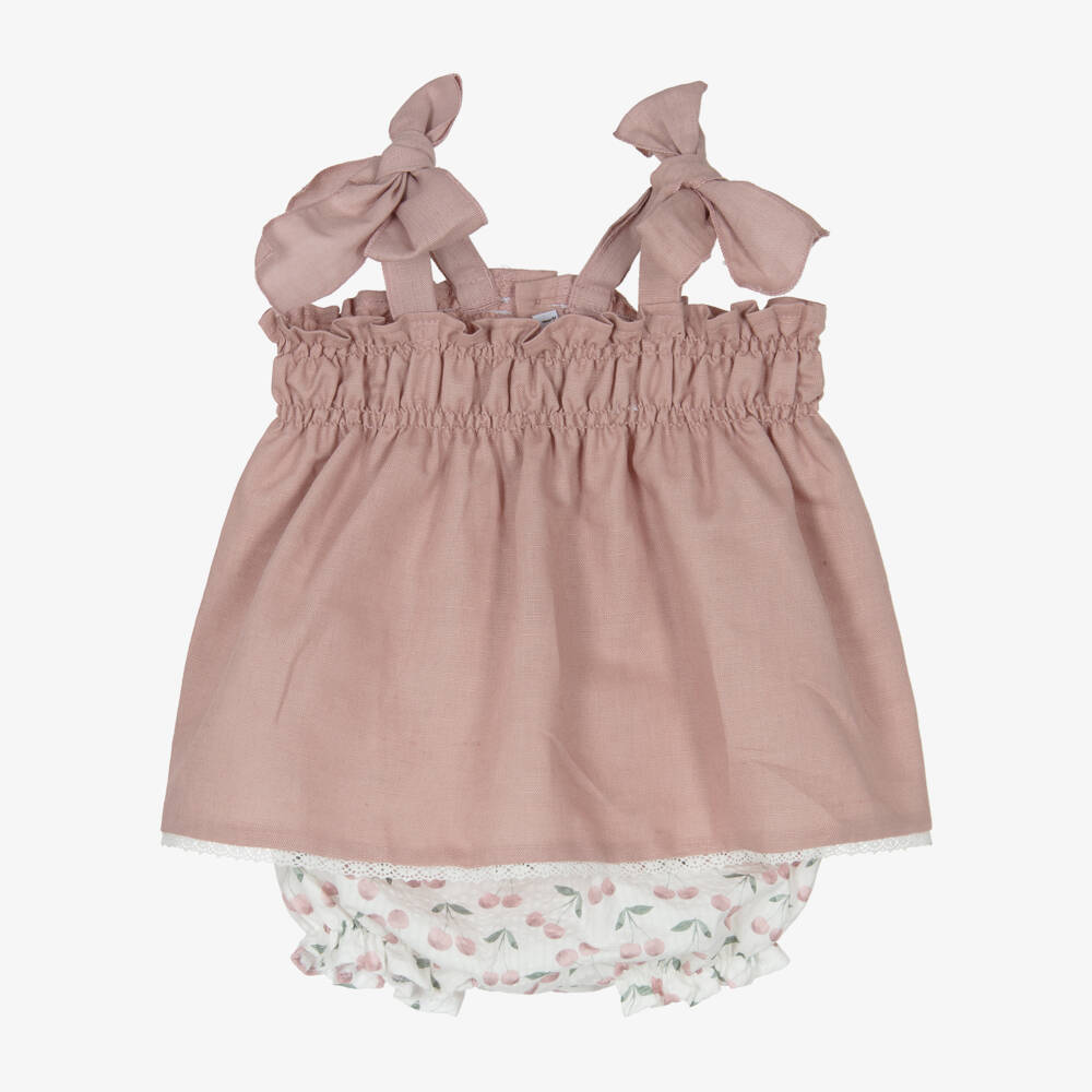 Mebi-Girls Pink Cotton & Linen Shorts Set with Cherry Print | Childrensalon Outlet