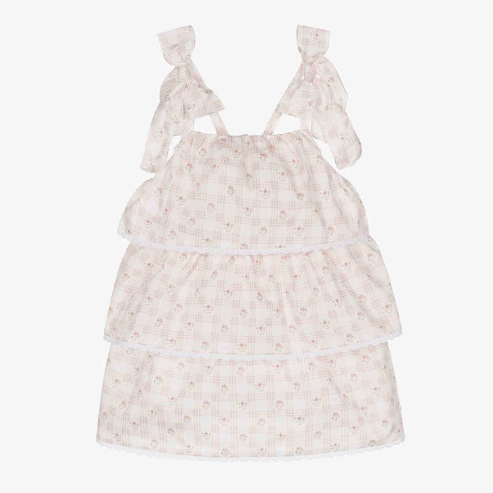 Mebi - Robe coton rose fleurs et carreaux | Childrensalon