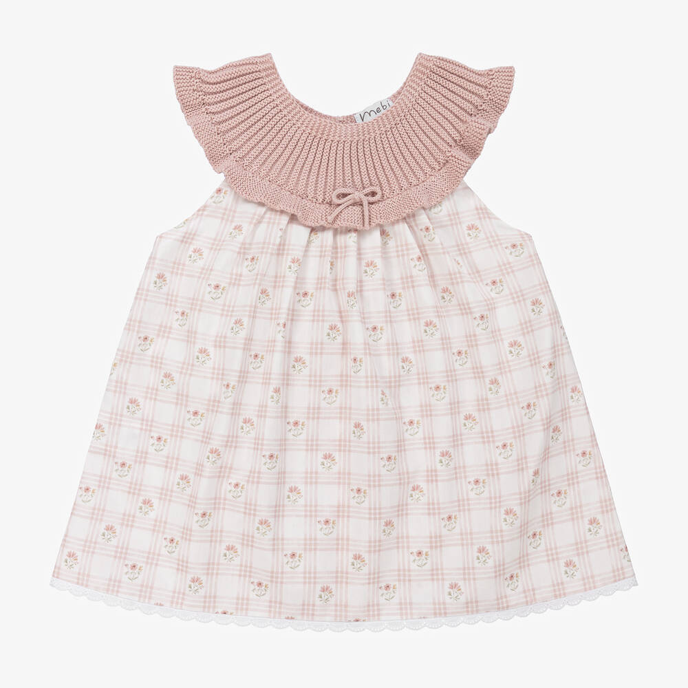 Mebi - Girls Pink Floral Check Dress | Childrensalon