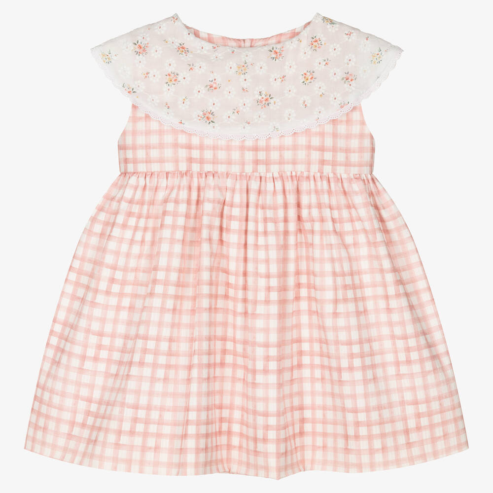 Mebi - Girls Pink Gingham & Floral Cotton Dress | Childrensalon