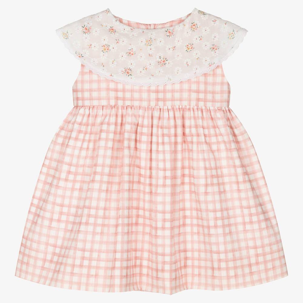 Mebi - Rosa Baumwollkleid mit Vichykaro- und Blumen-Print | Childrensalon