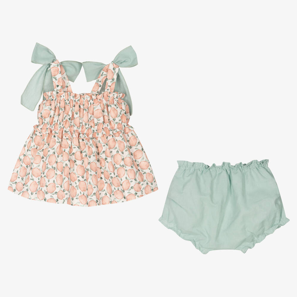 Mebi-طقم شورت أطفال بناتي قطن لون زهري وأخضر | Childrensalon Outlet